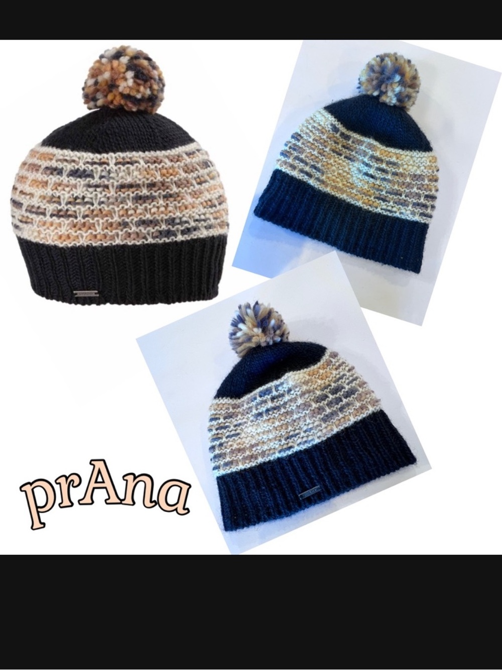 Prana Francesca Beanie Pom Pom Wool outer Soft Cozy Polar Fleece inside